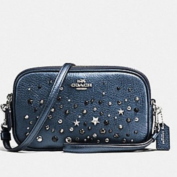 Coach Crossbody Metallic Blue Studded Rivets Star NASA Wristlet Bag Purse Wallet - Picture 10 of 15